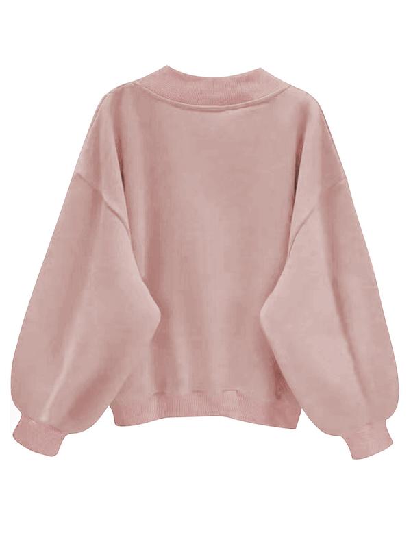  Solid Color Drop Shoulder Sweatshirt, Casual Long Sleeve V Neck Pullover for Fall & Winter, Women's Clothing for Daily Wear