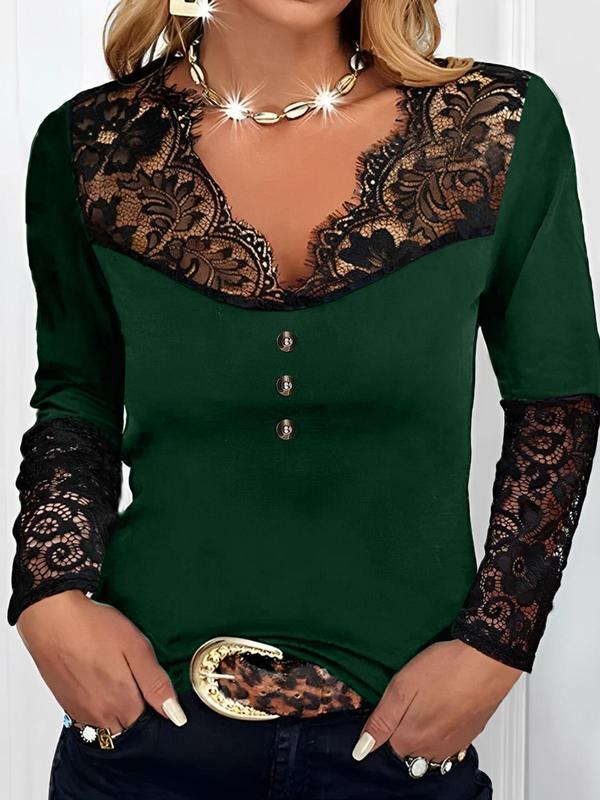 Women's Contrast Lace Button Front Tee, Elegant V Neck Long Sleeve T-shirt for Spring & Fall, Ladies Clothes for Daily Wear