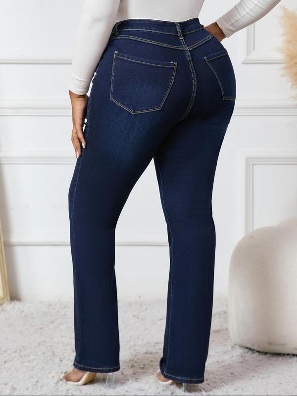  Solid Color Pocket Button Fly Denim Jeans, Casual Comfy Jeans for Daily Wear, Women's Bottoms for All Seasons