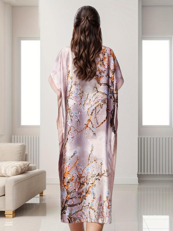 Women's Floral Print Batwing Sleeve Dress & Headscarf Set, Elegant Half Sleeve Round Neck Dress & Headscarf for Vacation Holiday Wedding Guest, Ladies Clothes for All Seasons