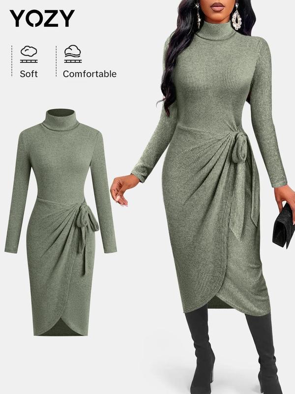 YOZY Women's Solid Color Tie Front Wrap Bodycon Dress, Casual Long Sleeve Turtle Neck Dress for Fall & Winter, Women's Clothing for Daily Wear