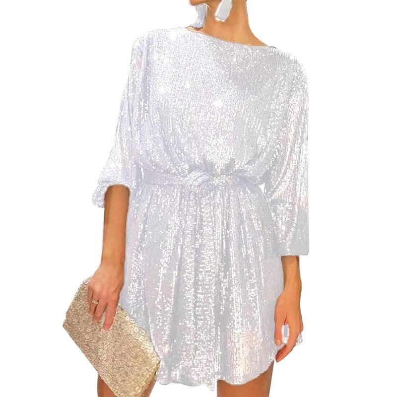 Women´s Sequin Party Dress, Sparkle Long Sleeve Round Neck Short Cocktail Dress with Belt Womenswear