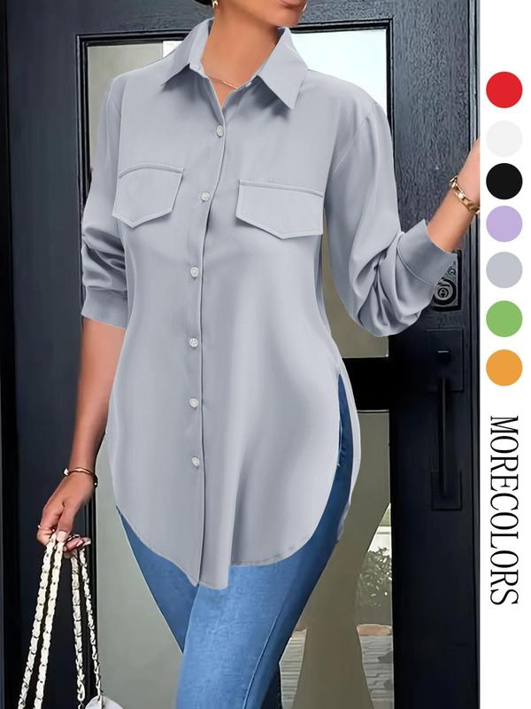 Women's Plain Button Front Pocket Shirt, Casual Long Sleeve Collared Top for Daily Wear, Shirts for Women, Ladies Clothes for All Seasons