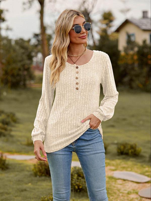 Women's Plain Button Decor Ribbed Tee, Casual Long Sleeve T-shirt for Spring & Fall, Women's Top for Daily Wear