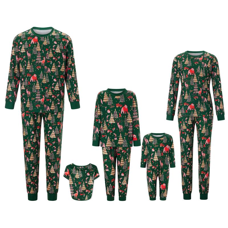 Green Matching Christmas Pajamas For Family, Printed Long Sleeve Tops Elastic Waist Pants for Fall Winter