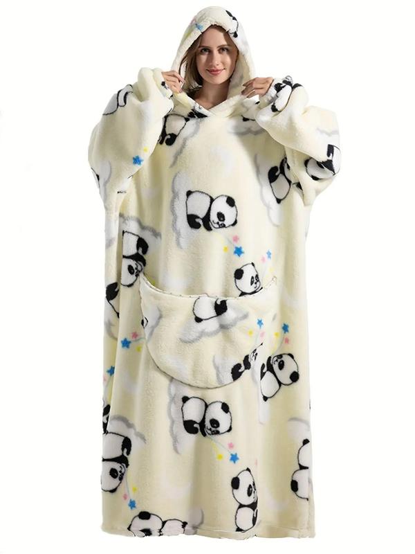 Plus Size Halloween Pumpkin & Cartoon Print Plush Hooded Nightwear Lounge Robe, Fluffy Pajamas, Casual Pocket Long Sleeve Loungewear, Halloween Pajamas, Christmas Pajamas, Plus Size Clothing, Lady Sleepwear for Fall & Winter