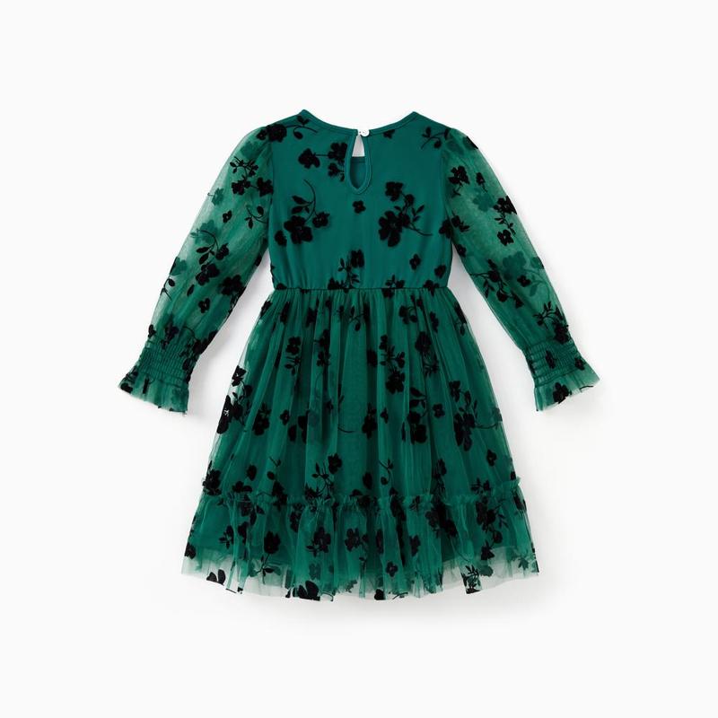 PatPat Mommy and Me Green Long Sleeves Embroidered Tulle Dress with Hidden Snap Button