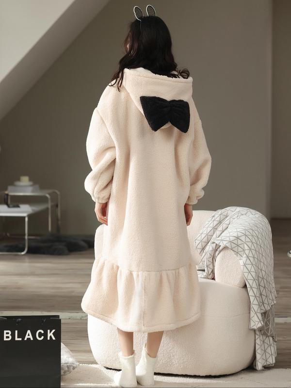 Women's Colorblock Bow Decor Ruffle Hem Thermal Lined Hooded Lounge Robe, Casual Long Sleeve Button Front Pocket Design Sleepwear Robe, Ladies Fall & Winter Sleepwear