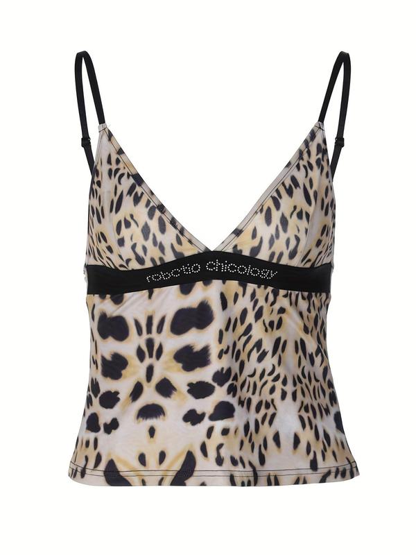 Women's Leopard Print Letter Decor Cami Top, Casual 2000s Y2K Backless Deep V Neck Camisole, Summer Clothes Women