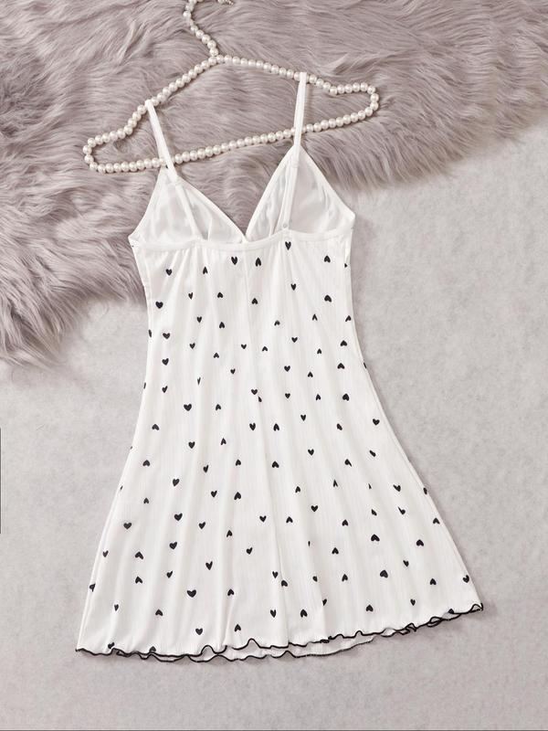 Women's Heart Print Bow Front Lettuce Trim Cami Nightdress, Elegant Soft Comfortable Spaghetti Strap Backless Nightgown For All Seasons, Ladies Sleepwear For Daily Wear