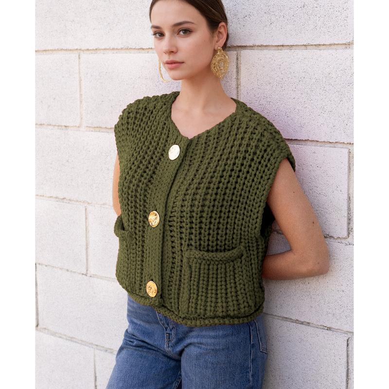 Vest Tops for Women Crochet Chunky Knit Sweater Sleeveless Button Down Tank Top Casual Cardigan Gilet with Pockets