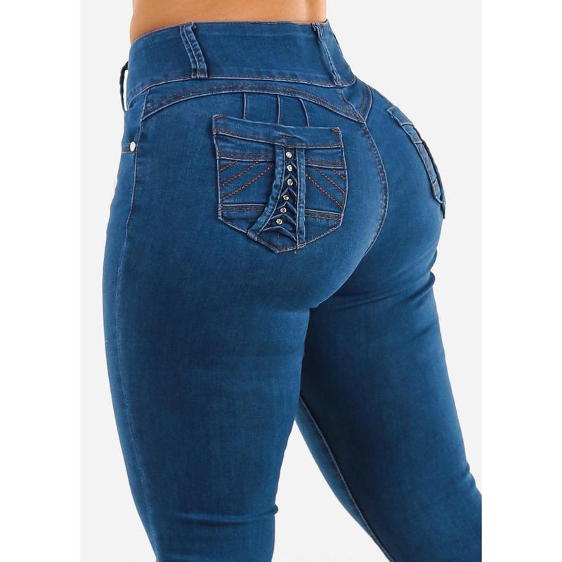 Butt Lift High Waist Skinny Jeans Indigo w Back Pocket Design