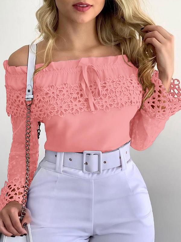 Women's Off The Shoulder Contrast Lace Frill Trim Blouse, Retro Flounce Sleeve Tie Front Top for Spring & Fall, Women's Long Sleeve Clothing for Daily Wear Girl Clothes