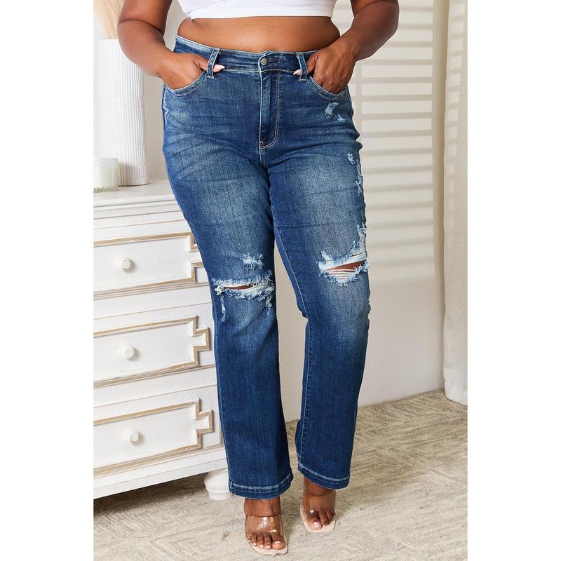 Judy Blue Full Size Mid Rise Hand Sand & Destroy Bootcut Jeans Basic Comfort Fit Spandex