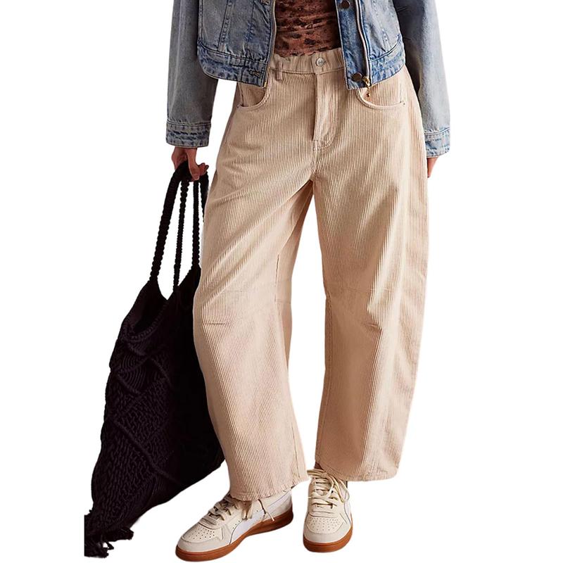 Tanming Women's Corduroy Pants Barrel Mid-Rise Elastic Waist Cord Pants Casual Wide Leg Baggy Trouser with Pockets