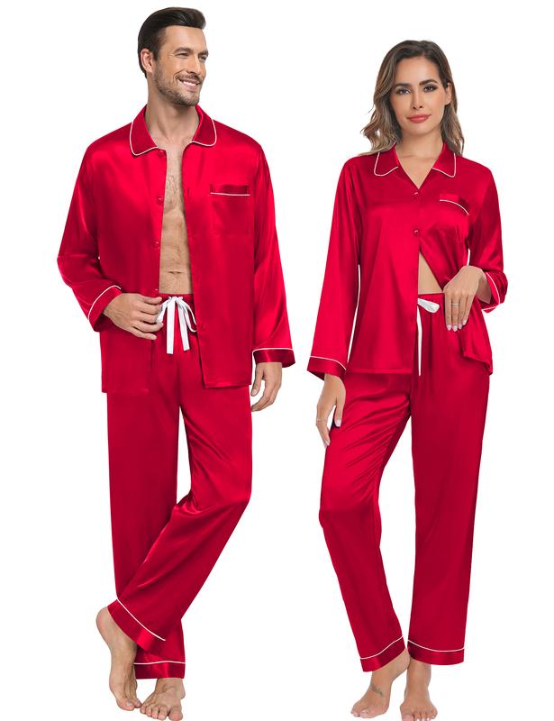 SWOMOG Couple Silk Satin Pajamas Set Long Sleeve Sleepwear Button Down Loungewear  Pjs with Pants Casual Comfortable Fit Womenswear