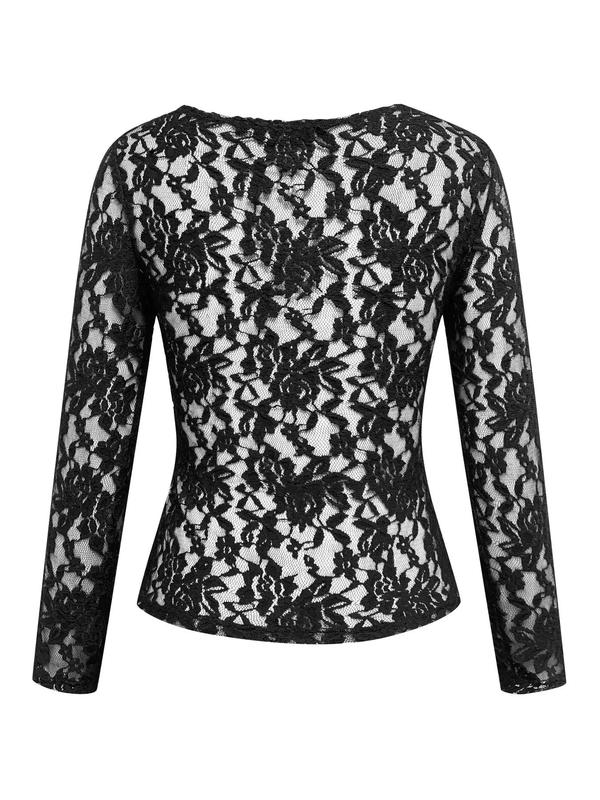 Women's Floral Lace Sheer Scallop Trim Deep V Neck Top, Fashion Casual Long Sleeve Top for Daily Holiday Vacation, Women's T Shirts, Graphic Tees, T Shirts for Women, Ladies Clothes for All Seasons