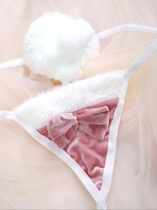 Women's Sexy Bow Decor Backless Crop Cami Top & Bow Decor Shorts & Headband, Korean Outfits, Cute Rabbit Ear Decor Lingerie Set, Women's Lingerie & Underwear