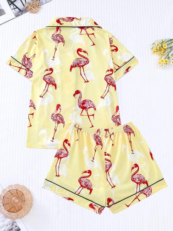 Women's Flamingo Print Lapel Pocket Shirt & Elastic Waist Shorts Pyjama Set, Casual Comfy Button Front Short Sleeve Top & Shorts Pj Set, Ladies Sleepwear for All Seasons