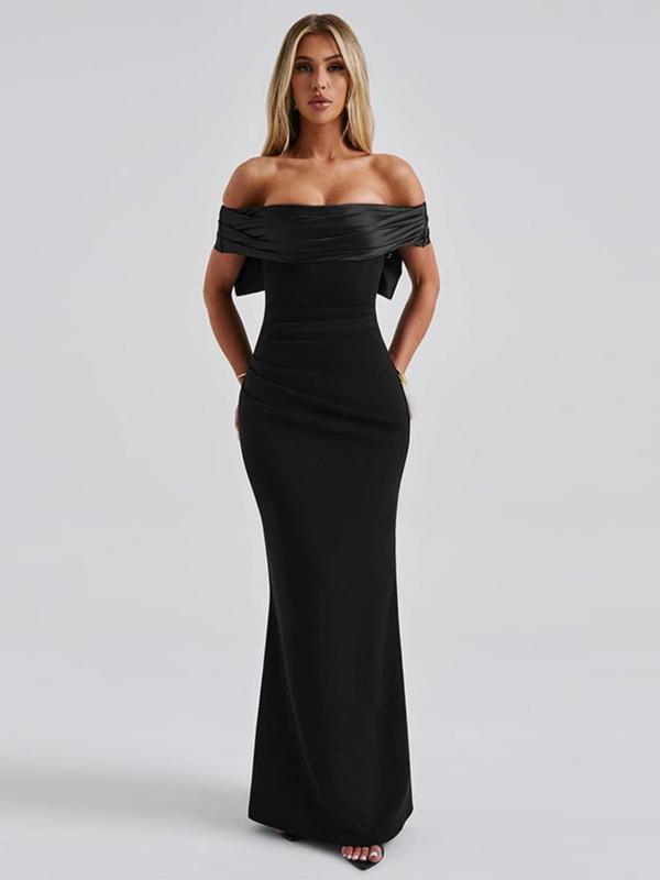 Women's Off The Shoulder Ruched Bow Back Bodycon Dress, Elegant Solid Color Maxi Dress for Party Evening, Ladies' Clothes for All Seasons