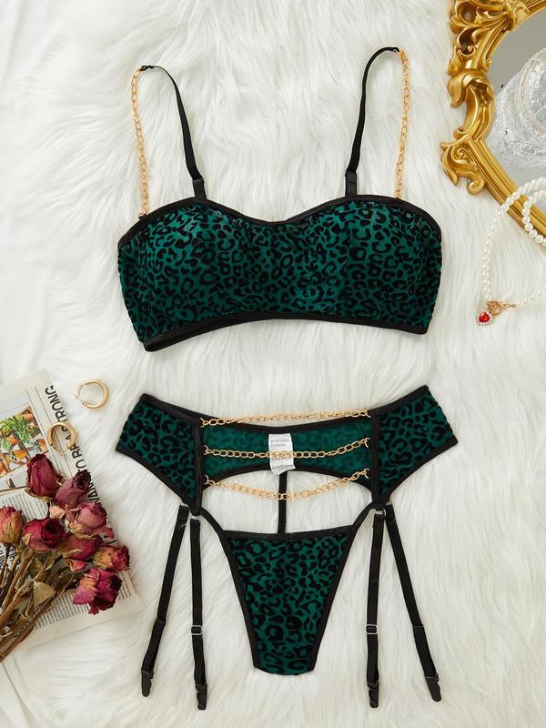 Women's Leopard Print Chain Design Lingerie Set, Sexy Fashion Chic Lingerie Bra Top & Cut Out Panty Set for Beach Holiday Vacation, Ladies Lingerie for All Seasons