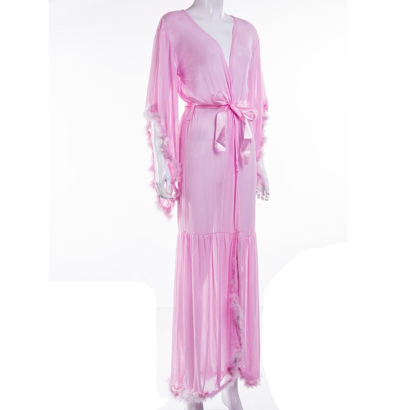 Women Long Sleeve Plush Robe Luxury Kimono See Through Extra Long Babydoll Nightgown Dress