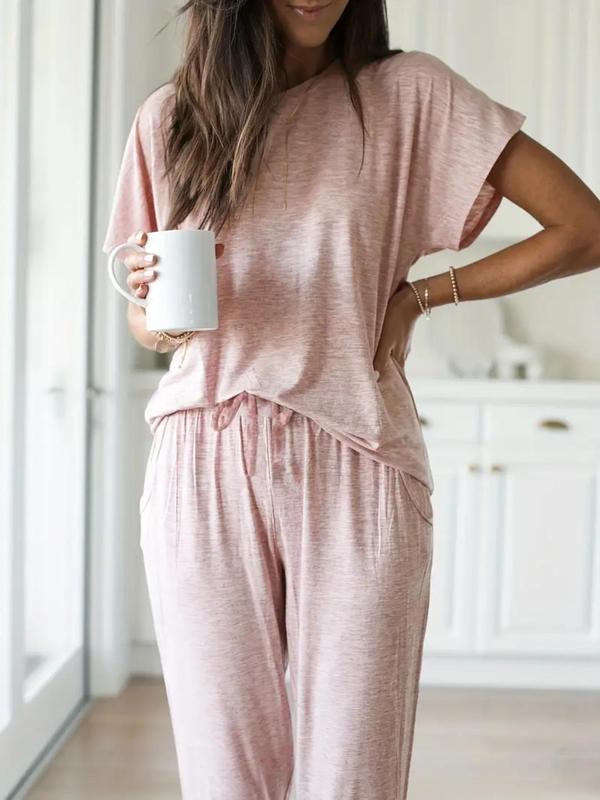 Two-Piece Set Women's Solid Batwing Sleeve Tee & Drawstring Waist Pants Pajama, Casual Comfy Round Neck Top & Pocket Trousers PJ Set, Ladies Sleepwear for All Seasons