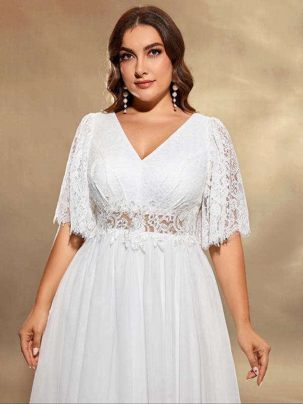 Plus Size Plain Contrast Lace Sequin V Neck Tulle Wedding Dress, Elegant Butterfly Sleeve Maxi Dress for Wedding Party, Women's Summer Clothes