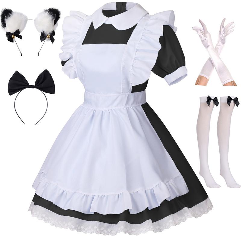 Women's Lolita French Maid Outfit Halloween Anime Costume with Apron Gloves Headband Socks 6 Pcs Set