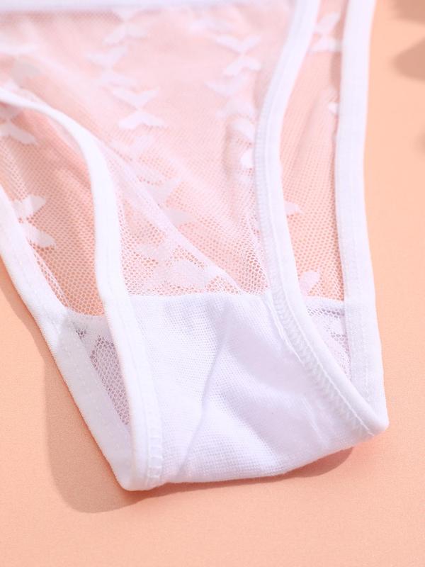 Women's Solid Butterfly Print Contrast Mesh O-ring Decor Thongs, Casual Knickers For Daily Wear, Women Underwear For All Seasons