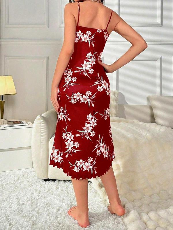 Women's Floral Print Lettuce Trim Backless Cami Nightdress, Elegant Soft Comfortable Spaghetti Strap Nightgown for All Seasons, Ladies Sleepwear for Indoor Wear