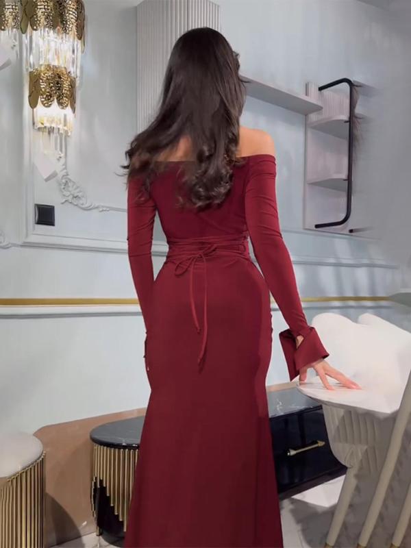 Christmas Deals Women's Off Shoulder Split Thigh Bodycon Dress, Elegant Long Sleeve Tie Back Dress for Party Dating Wear, Women's Clothing for Spring & Fall, Christmas 2024 Trend, Fall & Winter Outfits