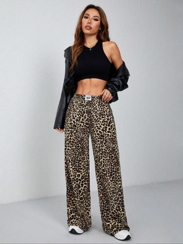 Women's Leopard Print Patched Pocket Wide Leg Pants, Casual Elastic Waist Trousers for Daily Wear, Ladies Bottoms for All Seasons