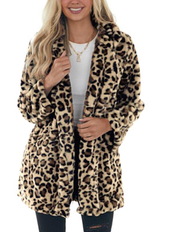 Women's Leopard Print Pocket Lapel Fuzzy Jacket, Casual Long Sleeve Thermal Outerwear for Fall & Winter, Women's Clothing for Daily Wear