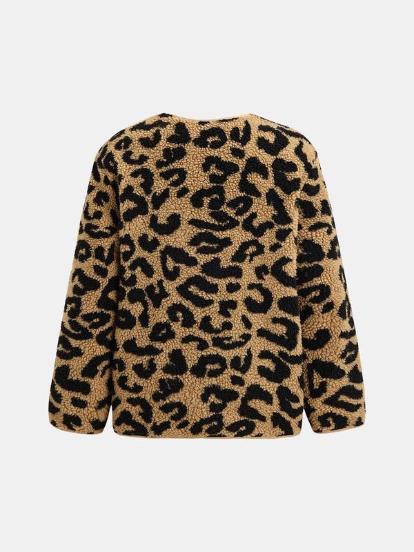 YOZY Women's Leopard Print Tie Front Pocket Fuzzy Jacket, Casual Long Sleeve V Neck Outerwear for Daily Wear, Ladies Clothes for All Seasons