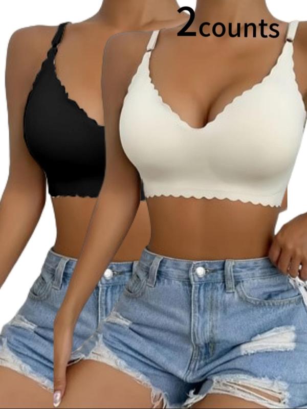  Solid Scallop Trim Wireless Push Up Bra, Comfy Breathable Seamless Bralette for Daily Wear, Women's Plus Size Lingerie for All Seasons