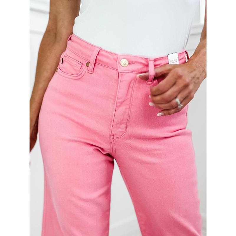 Judy Blue SHELBY Hi-Rise Tummy Control PINK Wide Leg Cropped Jeans