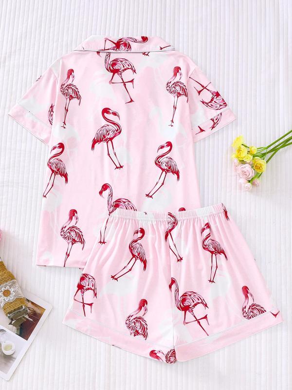 Women's Flamingo Print Lapel Pocket Shirt & Elastic Waist Shorts Pyjama Set, Casual Comfy Button Front Short Sleeve Top & Shorts Pj Set, Ladies Sleepwear for All Seasons