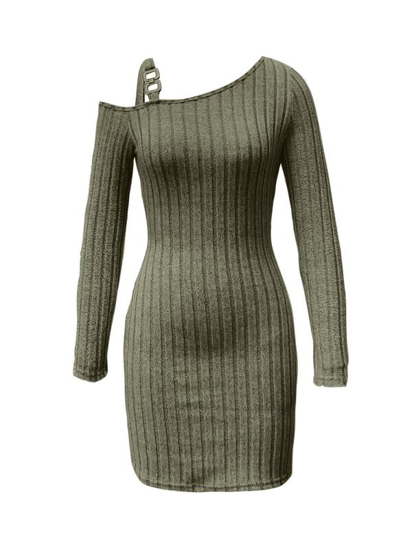 Women's Chain Decor Asymmetrical Neck Bodycon Dress, Elegant Long Sleeve Short Dress for Vacation Holiday Wedding Guest, Ladies Fall & Winter Clothes