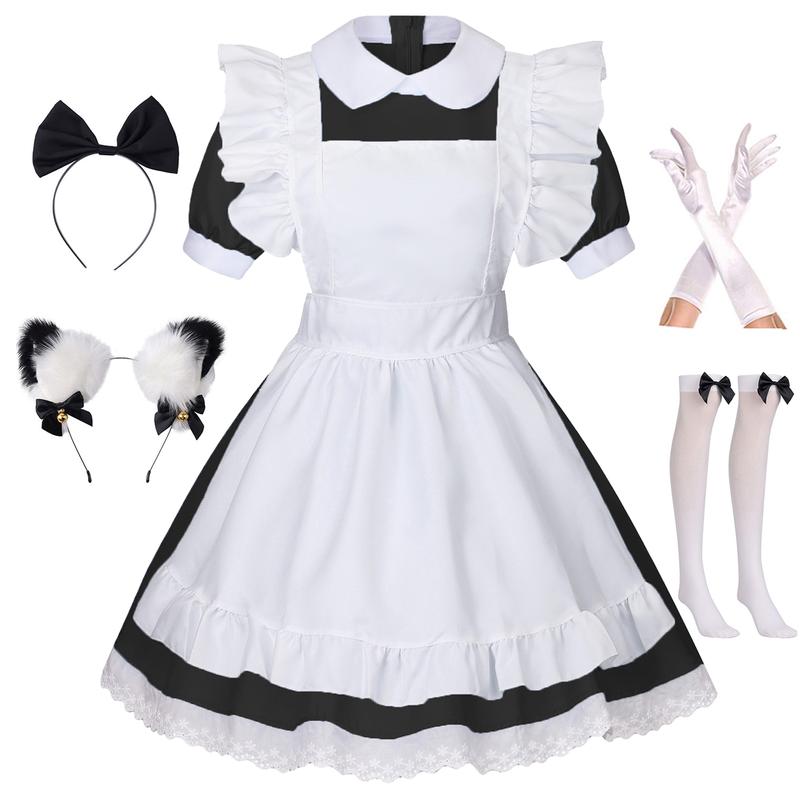 Women's Lolita French Maid Outfit Halloween Anime Costume with Apron Gloves Headband Socks 6 Pcs Set