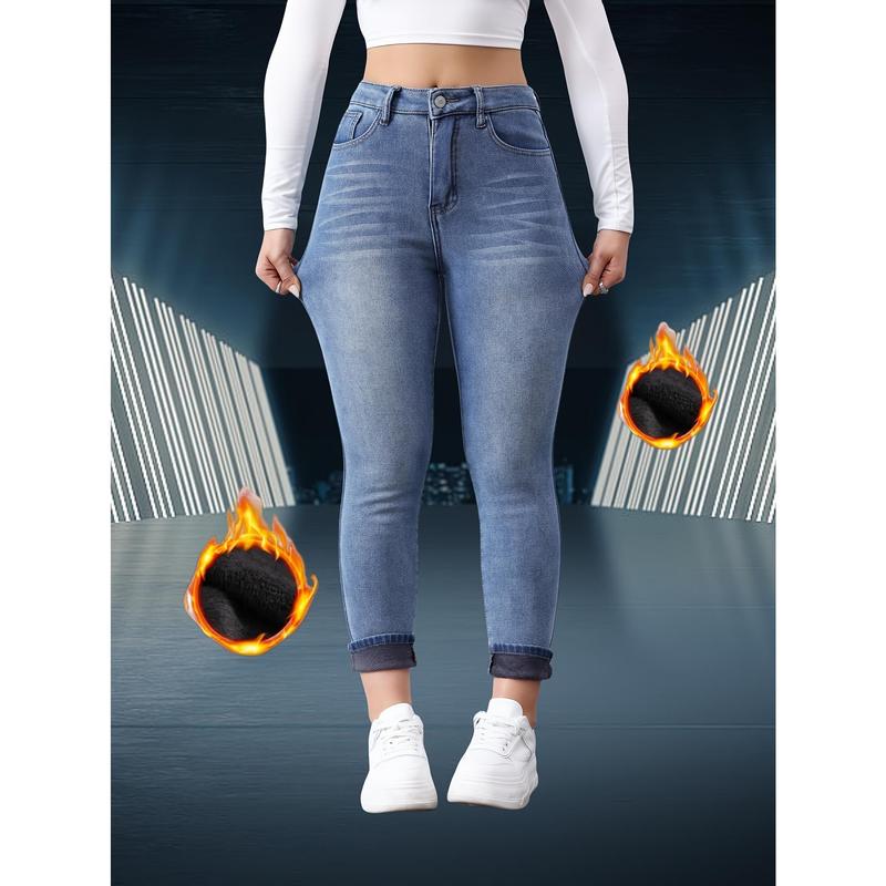 Women's Warm Jeans, Slim Fit Warm Trousers, Fashion Trend Style, Solid Color, Button Detail, High Elasticity, Tight, 9 Inches Long, Autumn Season