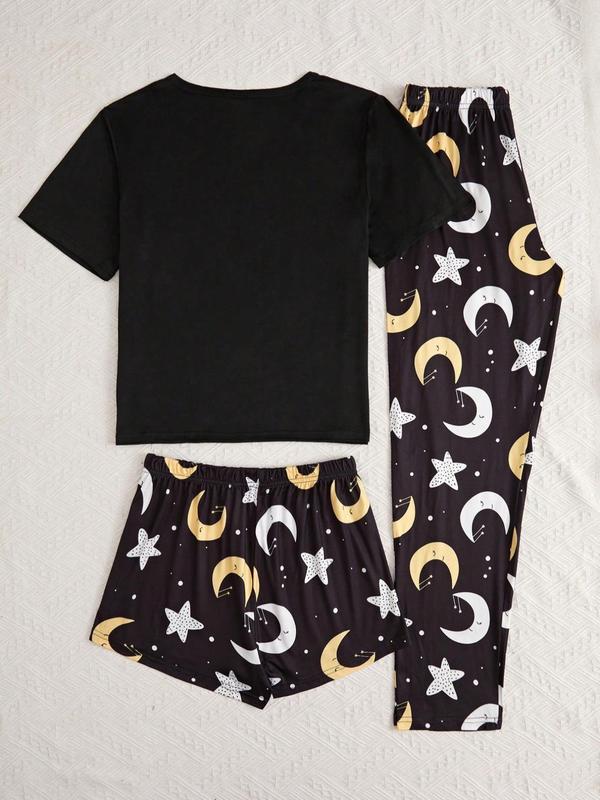 Three-Piece Set Women's Leopard Print Short Sleeve Tee & Elastic Waist Shorts & Pants Pyjama Set, Casual Comfy Round Neck T-shirt & Shorts & Trousers PJ Set, Ladies Sleepwear for All Seasons