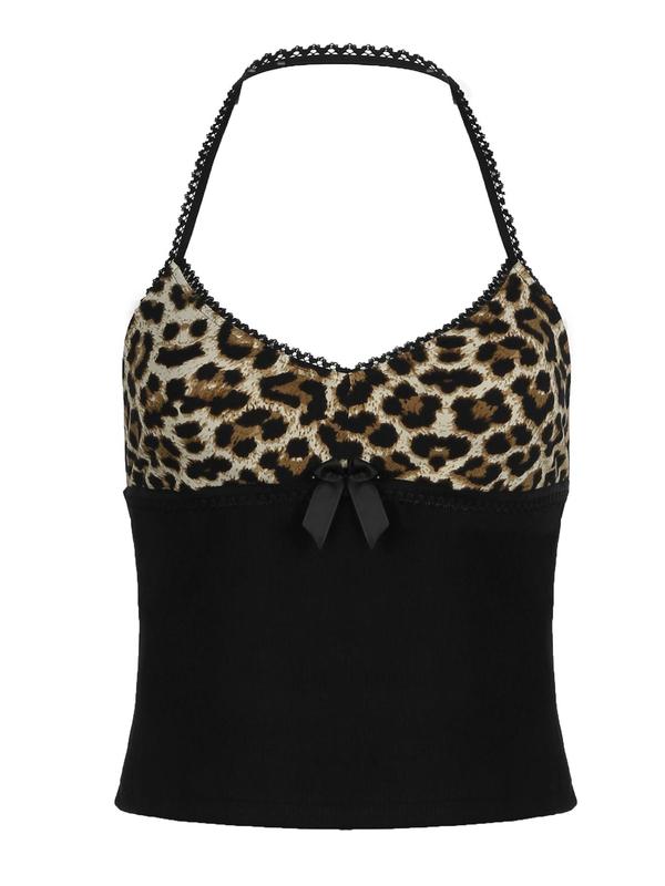 Women's Leopard Print Bow Decor Halter Neck Cami Top, Casual Sleeveless Backless Top for Daily Wear,  Tank Tops for Women, Ladies Clothes for All Seasons