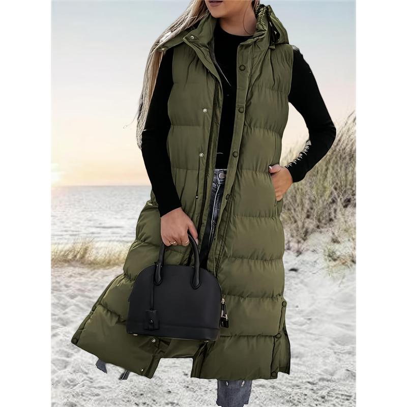 Women's Long Quilted Hooded Vest Sleeveless Button Fluffy down Jacket Cotton Cushion Jacket Winter Coat