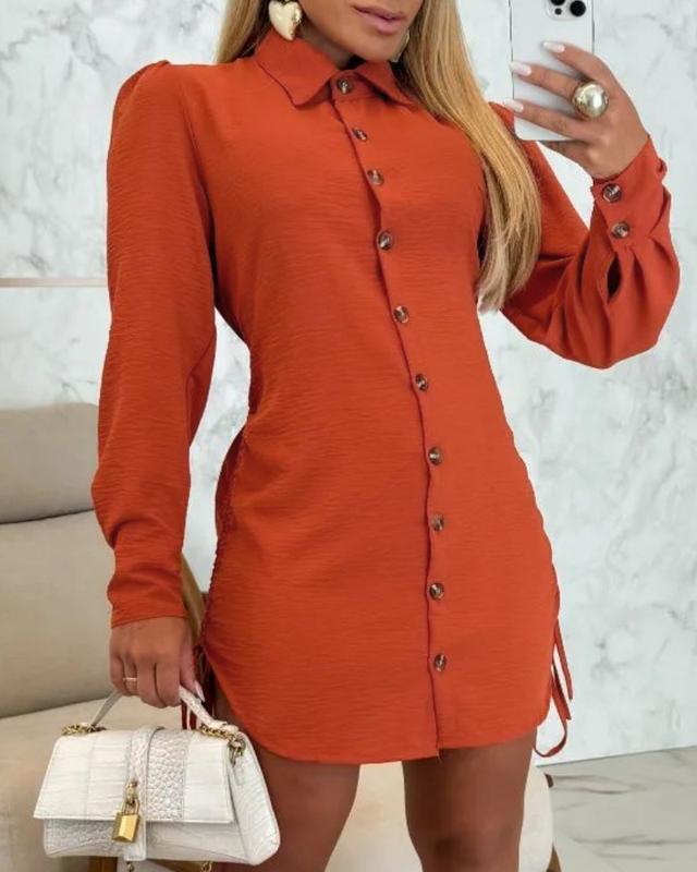 ChicMe Women Button Down Shirt Dress Roll Tab Sleeve Side Drawstring Mini Dresses