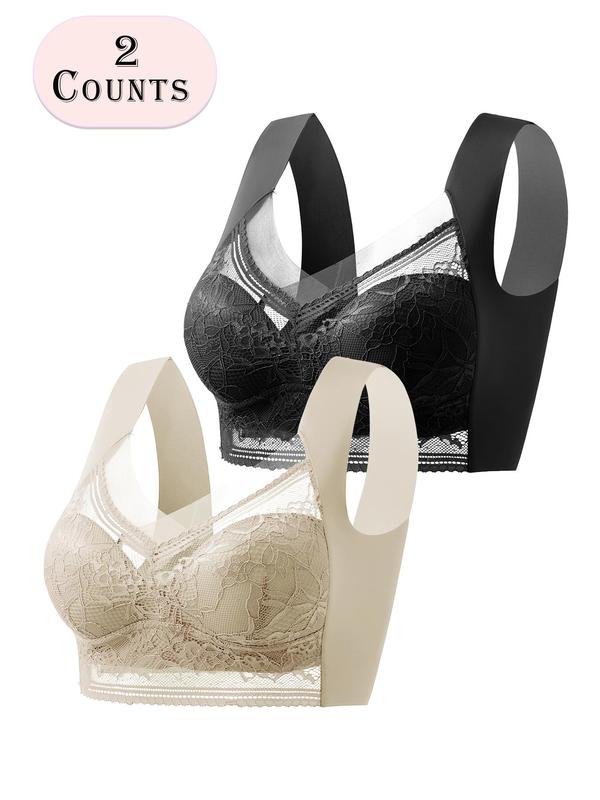 Women's Contrast Lace Wireless Push Up Bra, Comfortable Breathable Bralette for Daily Wear, Lingerie for All Seasons