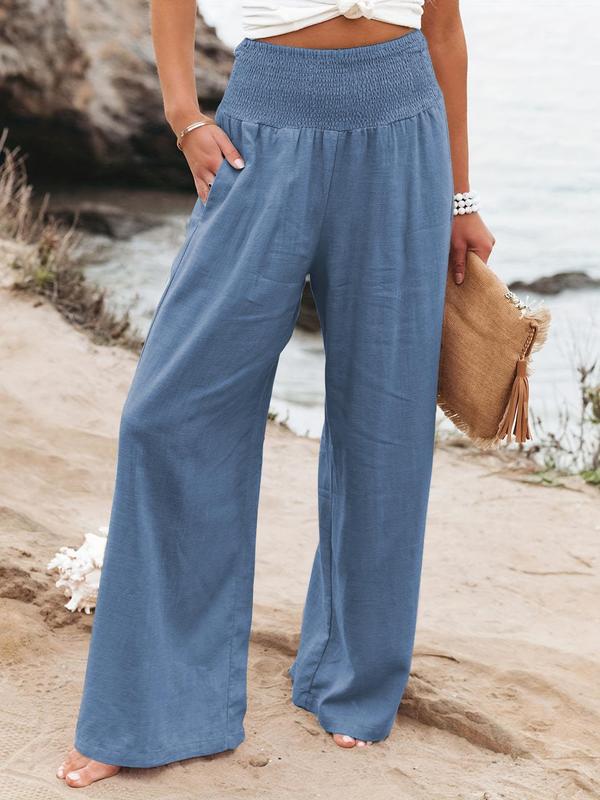 Women's Plain Pocket Shirred Wide Leg Pants, Casual Elastic Waist Trousers for Beach Vacation Holiday, Ladies Bottoms for All Seasons