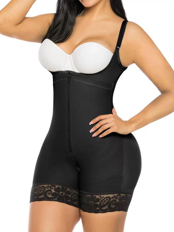 Women's Adjustable Strap Lace Trim Zip Front Shapewear Romper, High Stretch Open Bust Shapewear Bodysuit, Tummy Control Butt Lifting Shaper for Ladies Sexy