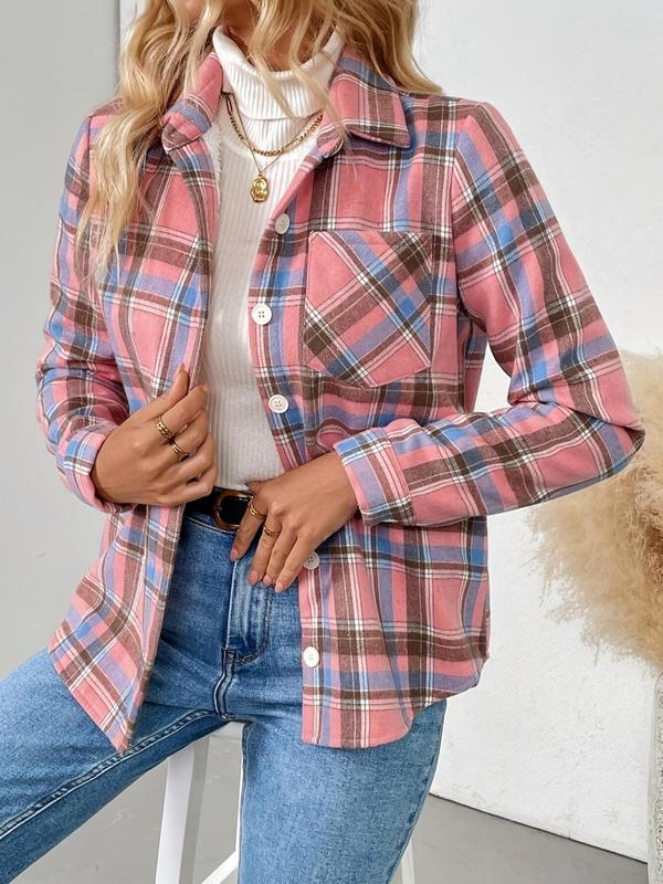 Women's Plaid Print Button Front Flap Pocket Shirt Jacket, Casual Long Sleeve Collared Outerwear for Fall & Winter, Ladies Clothes for Daily Wear