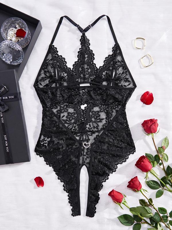 Women's Bow Front Sheer Floral Lace Scallop Trim Bodysuit, Rhinestone Heart Decor Cut Out Bodysuit for Daily Wear, Ladies Summer Clothes